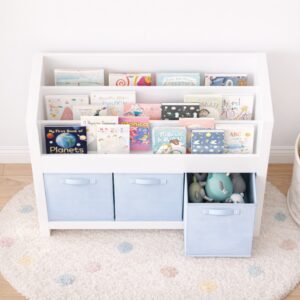 Kids Bookshelf With 3 Tier Front-Facing Storage And 3 Fabric Bins, Wooden Toddler Bookcase For Playroom, Nursery, Bedroom  Kids Book Organizer Shelf For Toys And Books