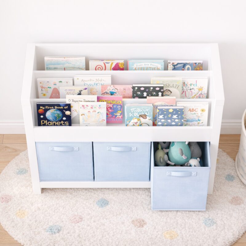 Kids Bookshelf With 3 Tier Front-Facing Storage And 3 Fabric Bins, Wooden Toddler Bookcase For Playroom, Nursery, Bedroom  Kids Book Organizer Shelf For Toys And Books