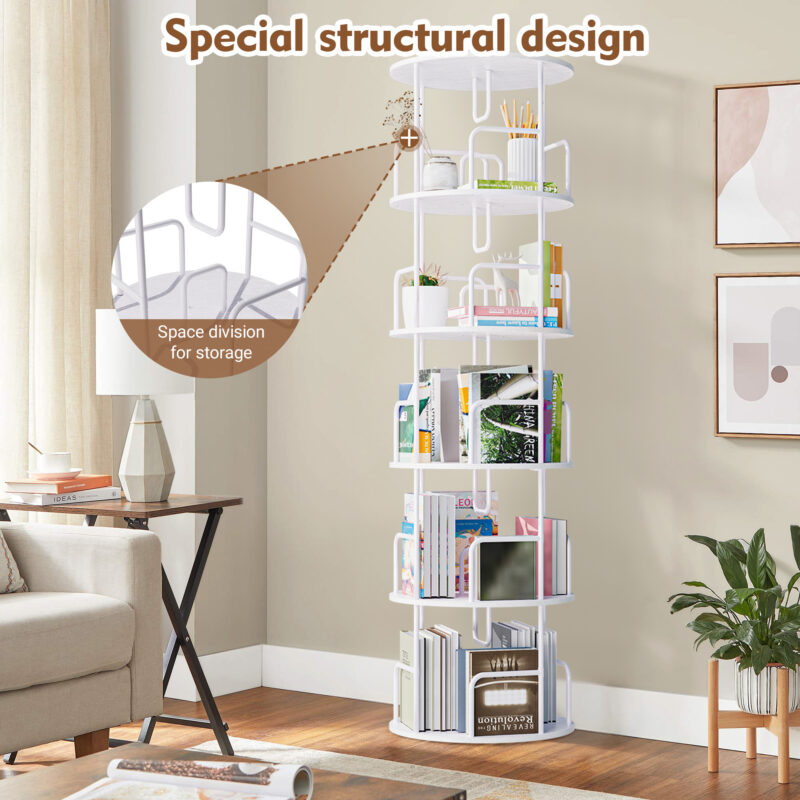 Rotating Bookshelf Tower 5 Tier Spinning Bookcase  Revolving 360 Book Shelf Narrow Tall Bookcase  Vertical Turning Round Storage Bookshelf  Book Shelf Organizer For Bedroom  Living Room  White
