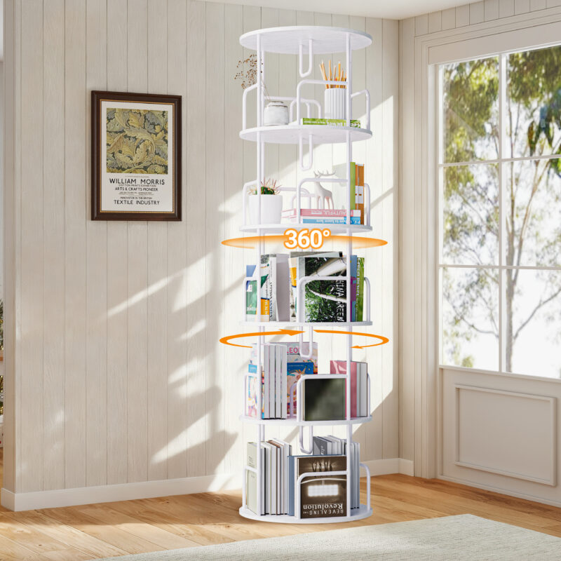 Rotating Bookshelf Tower 5 Tier Spinning Bookcase  Revolving 360 Book Shelf Narrow Tall Bookcase  Vertical Turning Round Storage Bookshelf  Book Shelf Organizer For Bedroom  Living Room  White