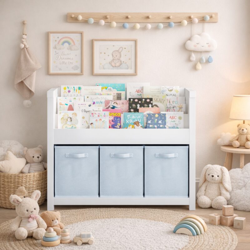 Kids Bookshelf With 3 Tier Front-Facing Storage And 3 Fabric Bins, Wooden Toddler Bookcase For Playroom, Nursery, Bedroom  Kids Book Organizer Shelf For Toys And Books