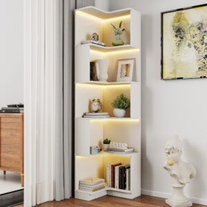 26657605-c37e-4fcc-a03f-fa25aa0b48e1.jpg Corner Book Shelf - 5 Tier Corner Bookshelf Bookcase With Baffle, Freestanding L Shaped Display Shelf Stand With Led Lights For Home Office, Living Room, Bedroom, Kitchen