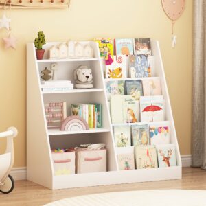 New Kids Bookshelf And Toy Storage Organizer, Multifunctional 4 Tier Wooden Kids Book Shelf With  Bookcase Display Stand In Kids Room Playroom Nursery For Kids, Children, Toddlers White