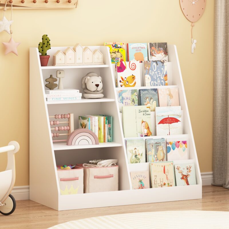 New Kids Bookshelf And Toy Storage Organizer, Multifunctional 4 Tier Wooden Kids Book Shelf With  Bookcase Display Stand In Kids Room Playroom Nursery For Kids, Children, Toddlers White