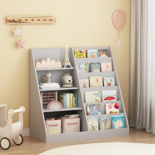 Kids Bookshelf And Toy Storage Organizer, Multifunctional 4 Tier Wooden Kids Book Shelf With  Bookcase Display Stand In Kids Room Playroom Nursery For Kids, Children, Toddlers Gray