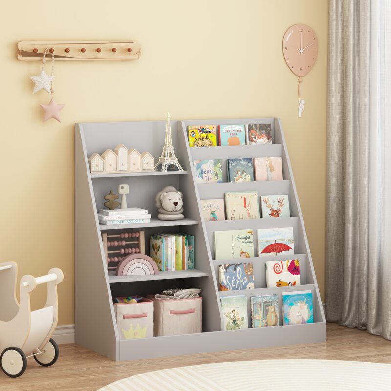 Kids Bookshelf And Toy Storage Organizer, Multifunctional 4 Tier Wooden Kids Book Shelf With  Bookcase Display Stand In Kids Room Playroom Nursery For Kids, Children, Toddlers Gray