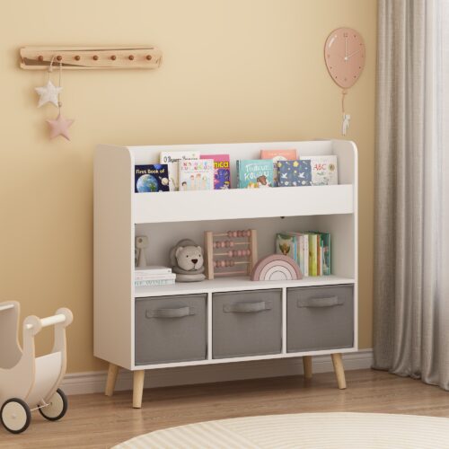 Kids Bookshelf With 3 Fabric Bins, Modern Children's Bookcase With Storage For Toys And Books, Toddler Book Organizer Shelf For Playroom, Bedroom, Or Nursery, White And Gray