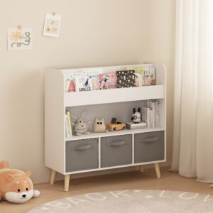 Kids Bookshelf With 3 Fabric Bins, Modern Children's Bookcase With Storage For Toys And Books, Toddler Book Organizer Shelf For Playroom, Bedroom, Or Nursery, White And Gray