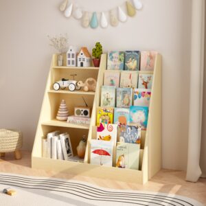 Kids Bookshelf And Toy Storage Organizer, Multifunctional 4 Tier Wooden Kids Book Shelf With  Bookcase Display Stand In Kids Room Playroom Nursery For Kids, Children, Toddlers Natural