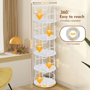 Rotating Bookshelf Tower 5 Tier Spinning Bookcase  Revolving 360 Book Shelf Narrow Tall Bookcase  Vertical Turning Round Storage Bookshelf  Book Shelf Organizer For Bedroom  Living Room  White