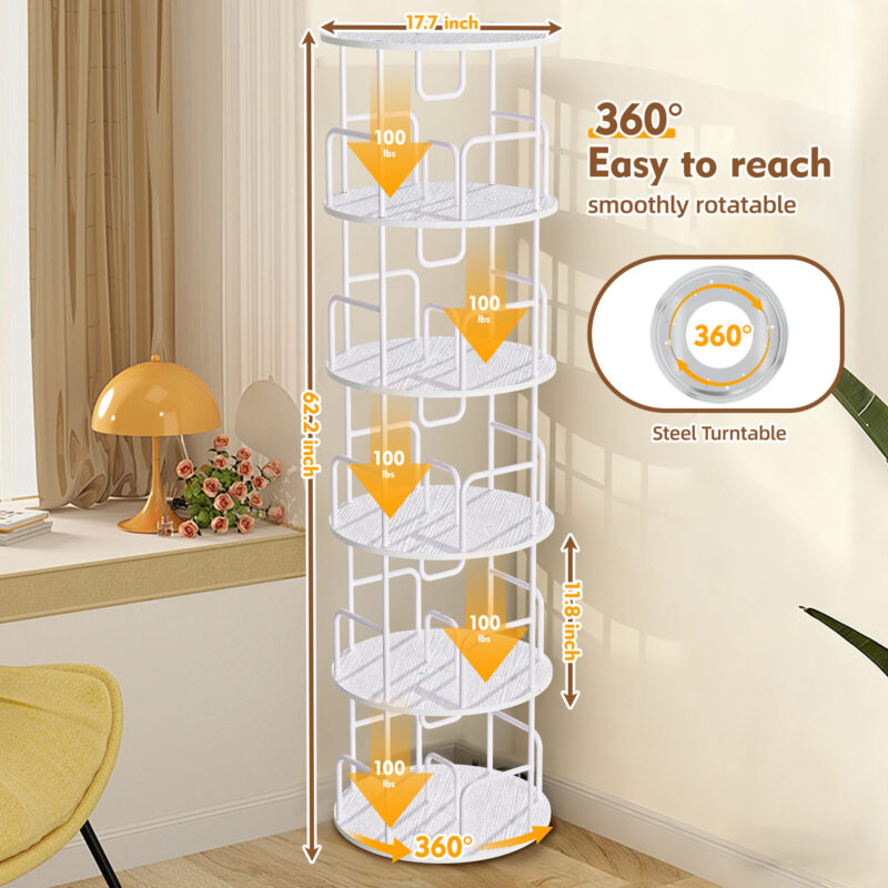 Rotating Bookshelf Tower 5 Tier Spinning Bookcase  Revolving 360 Book Shelf Narrow Tall Bookcase  Vertical Turning Round Storage Bookshelf  Book Shelf Organizer For Bedroom  Living Room  White