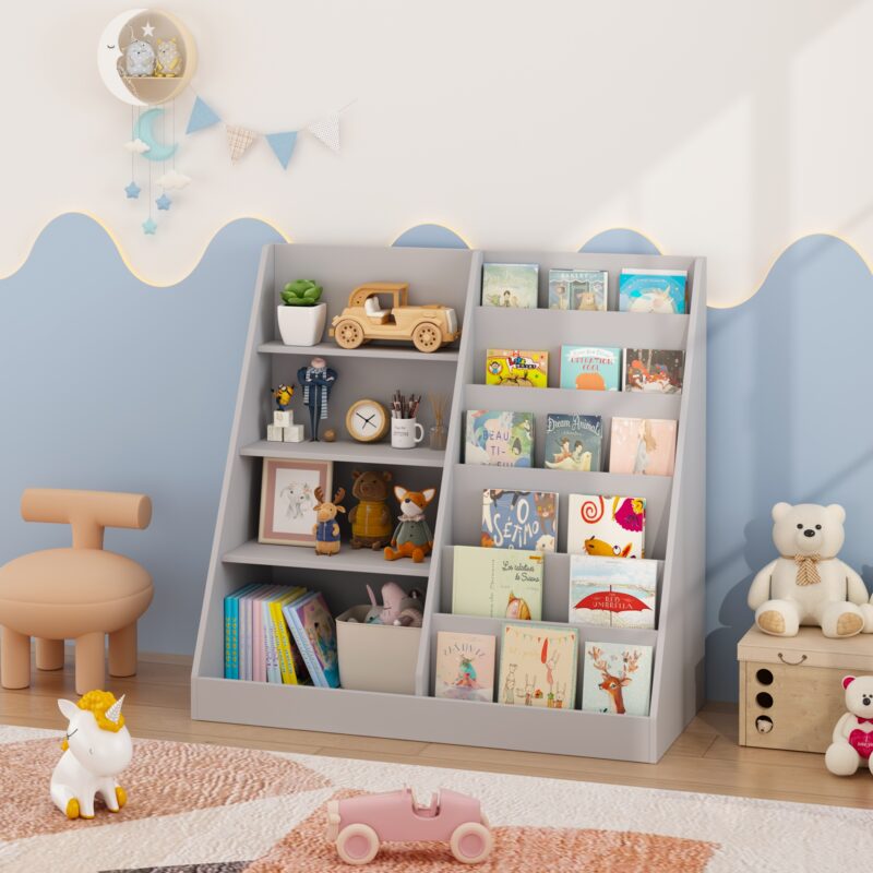 Kids Bookshelf And Toy Storage Organizer, Multifunctional 4 Tier Wooden Kids Book Shelf With  Bookcase Display Stand In Kids Room Playroom Nursery For Kids, Children, Toddlers Gray