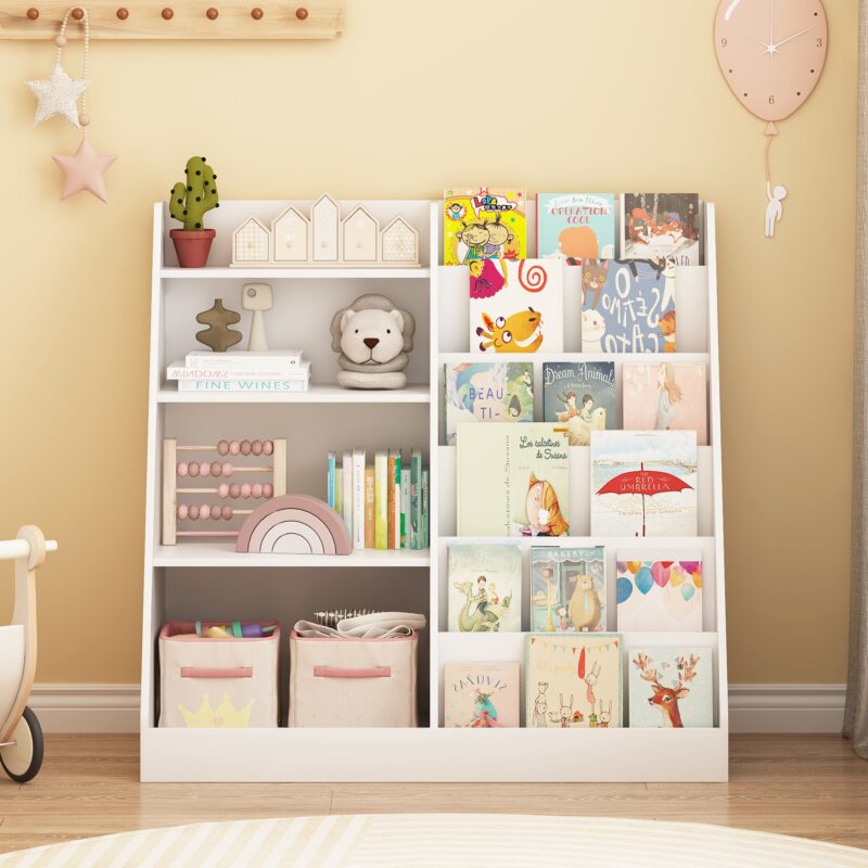 New Kids Bookshelf And Toy Storage Organizer, Multifunctional 4 Tier Wooden Kids Book Shelf With  Bookcase Display Stand In Kids Room Playroom Nursery For Kids, Children, Toddlers White