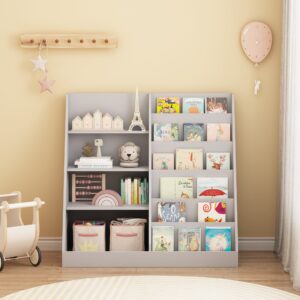 Kids Bookshelf And Toy Storage Organizer, Multifunctional 4 Tier Wooden Kids Book Shelf With  Bookcase Display Stand In Kids Room Playroom Nursery For Kids, Children, Toddlers Gray