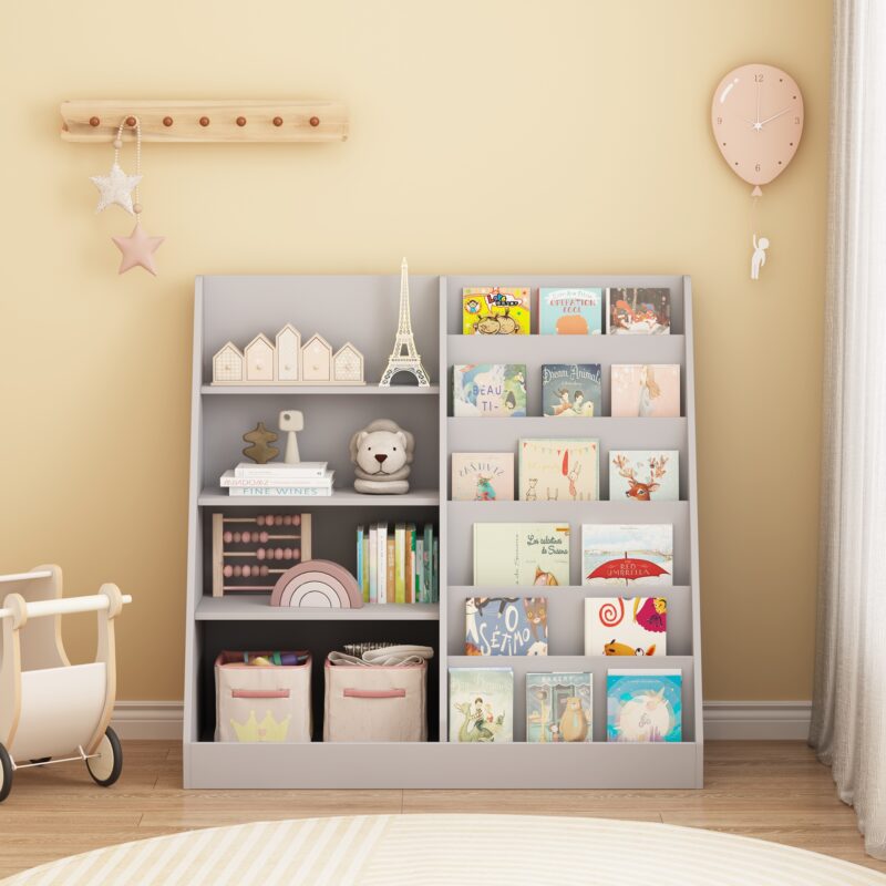 Kids Bookshelf And Toy Storage Organizer, Multifunctional 4 Tier Wooden Kids Book Shelf With  Bookcase Display Stand In Kids Room Playroom Nursery For Kids, Children, Toddlers Gray