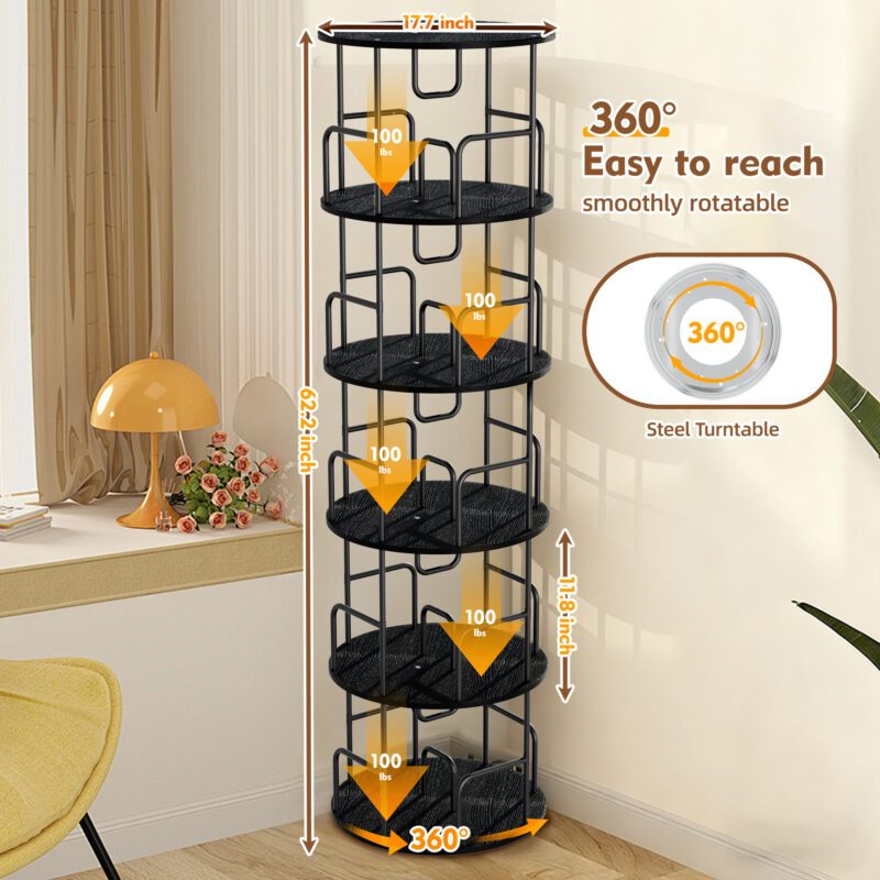 Rotating Bookshelf Tower 5 Tier  Spinning Bookcase  Revolving 360 Book Shelf Narrow Tall Bookcase  Vertical Turning Round Storage Bookshelf  Book Shelf Organizer For Bedroom  Living Room  Black