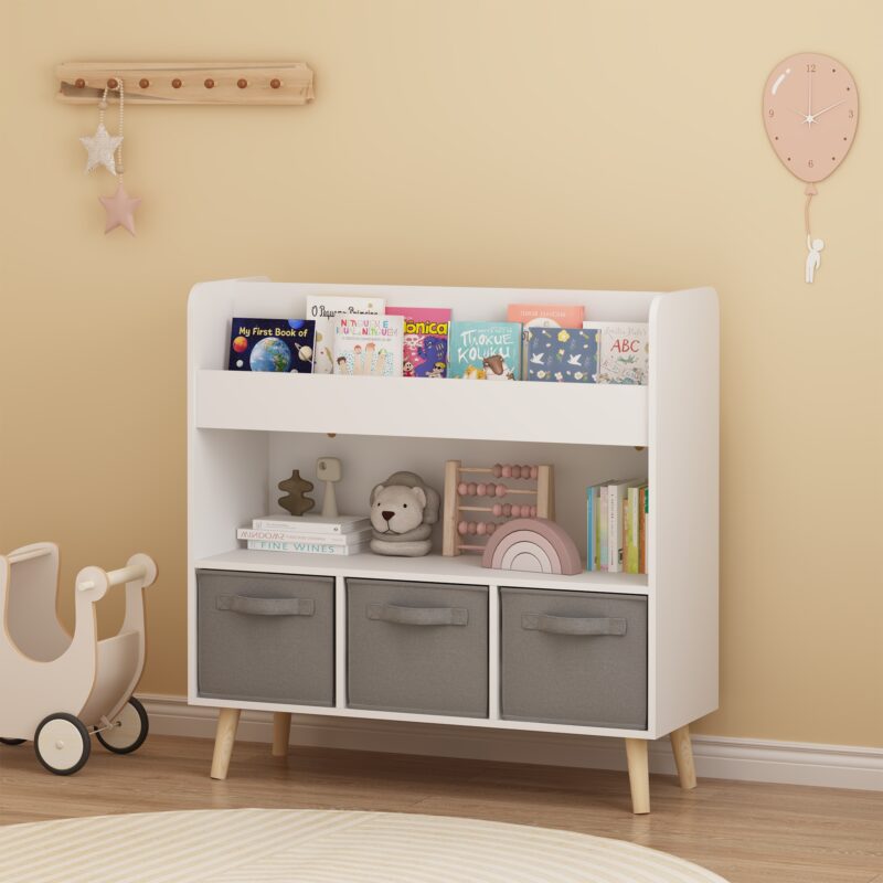 Kids Bookshelf With 3 Fabric Bins, Modern Children's Bookcase With Storage For Toys And Books, Toddler Book Organizer Shelf For Playroom, Bedroom, Or Nursery, White And Gray