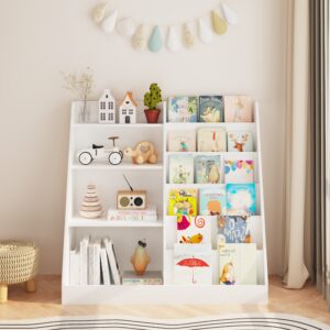 New Kids Bookshelf And Toy Storage Organizer, Multifunctional 4 Tier Wooden Kids Book Shelf With  Bookcase Display Stand In Kids Room Playroom Nursery For Kids, Children, Toddlers White