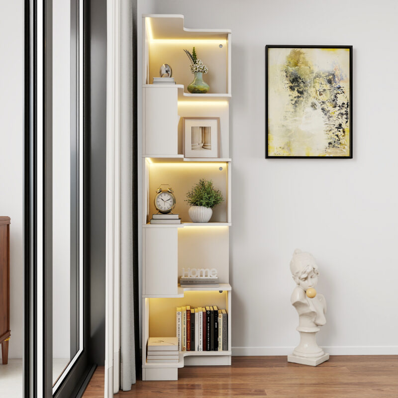 8f2b819d-031d-43d3-bfea-30f78ecc86ef.jpg Corner Book Shelf - 5 Tier Corner Bookshelf Bookcase With Baffle, Freestanding L Shaped Display Shelf Stand With Led Lights For Home Office, Living Room, Bedroom, Kitchen
