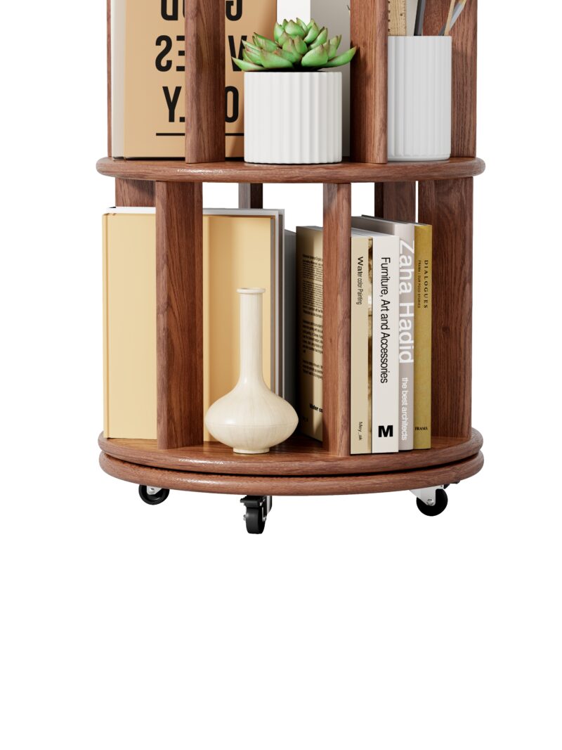 8f5f5731-4ca4-41c1-8684-61f8d543864e.jpg 1 0 0 Solid Wood Rotating Bookshelf On Wheels,5 Tier, Round Revolving Bookcase, 360 Spinning Book Shelf Tower For Kids, Narrow Rolling Bookshelves For Small Space, Corner, Bedroom, Office, Walnut