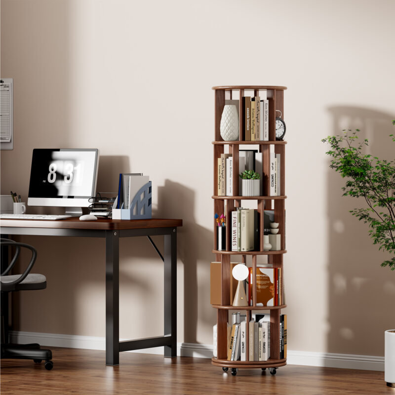 a4b99dc2-eca5-4a97-afbd-a048cc9885c4.jpg 1 0 0 Solid Wood Rotating Bookshelf On Wheels,5 Tier, Round Revolving Bookcase, 360 Spinning Book Shelf Tower For Kids, Narrow Rolling Bookshelves For Small Space, Corner, Bedroom, Office, Walnut