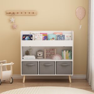 Kids Bookshelf With 3 Fabric Bins, Modern Children's Bookcase With Storage For Toys And Books, Toddler Book Organizer Shelf For Playroom, Bedroom, Or Nursery, White And Gray