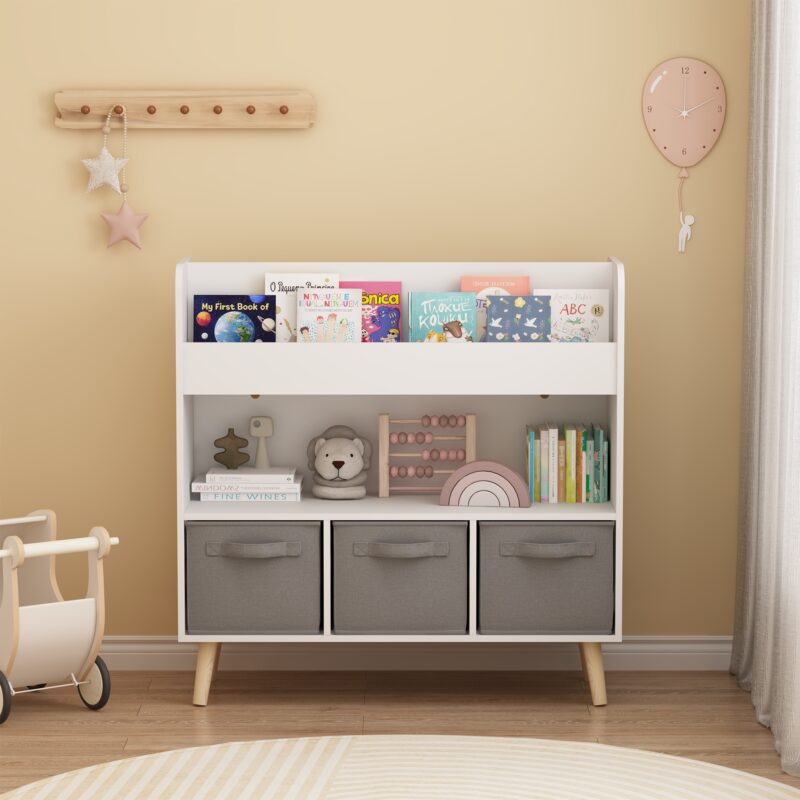 Kids Bookshelf With 3 Fabric Bins, Modern Children's Bookcase With Storage For Toys And Books, Toddler Book Organizer Shelf For Playroom, Bedroom, Or Nursery, White And Gray