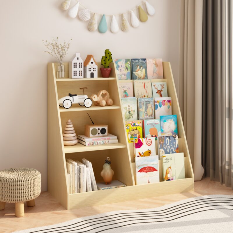 Kids Bookshelf And Toy Storage Organizer, Multifunctional 4 Tier Wooden Kids Book Shelf With  Bookcase Display Stand In Kids Room Playroom Nursery For Kids, Children, Toddlers Natural
