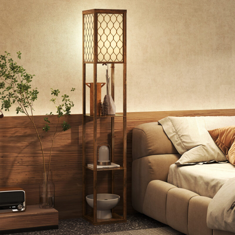 Three-Shelf Standing Lamp - Rustic Brown White