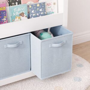 Kids Bookshelf With 3 Tier Front-Facing Storage And 3 Fabric Bins, Wooden Toddler Bookcase For Playroom, Nursery, Bedroom  Kids Book Organizer Shelf For Toys And Books