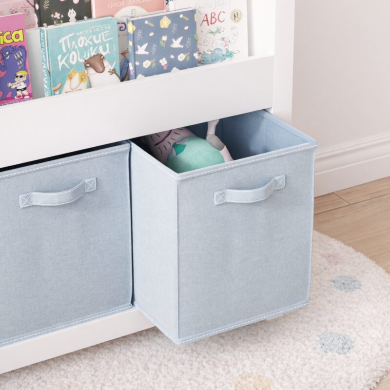 Kids Bookshelf With 3 Tier Front-Facing Storage And 3 Fabric Bins, Wooden Toddler Bookcase For Playroom, Nursery, Bedroom  Kids Book Organizer Shelf For Toys And Books