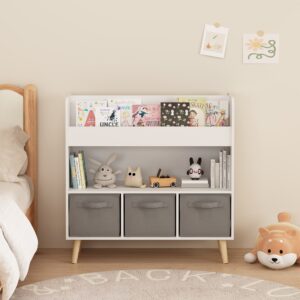 Kids Bookshelf With 3 Fabric Bins, Modern Children's Bookcase With Storage For Toys And Books, Toddler Book Organizer Shelf For Playroom, Bedroom, Or Nursery, White And Gray
