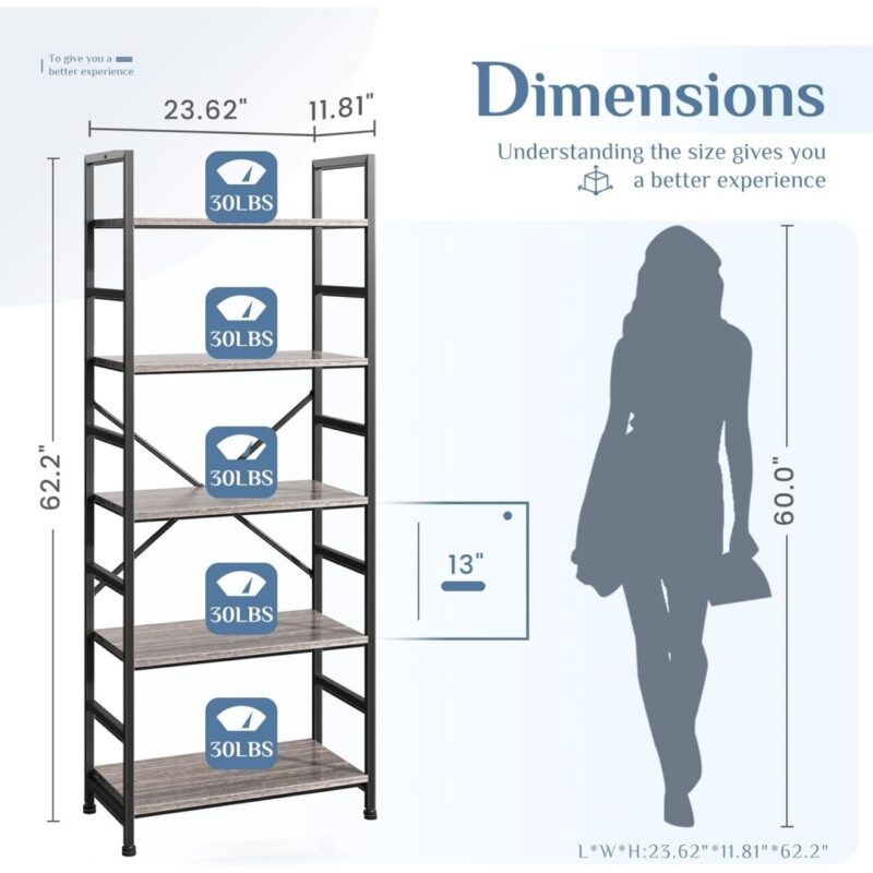 5 Tiers Bookshelf, Classically Modern Book Shelf, Book Rack, Storage Rack Shelves In Living Room-Home-Office