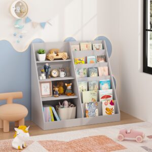 Kids Bookshelf And Toy Storage Organizer, Multifunctional 4 Tier Wooden Kids Book Shelf With  Bookcase Display Stand In Kids Room Playroom Nursery For Kids, Children, Toddlers Gray