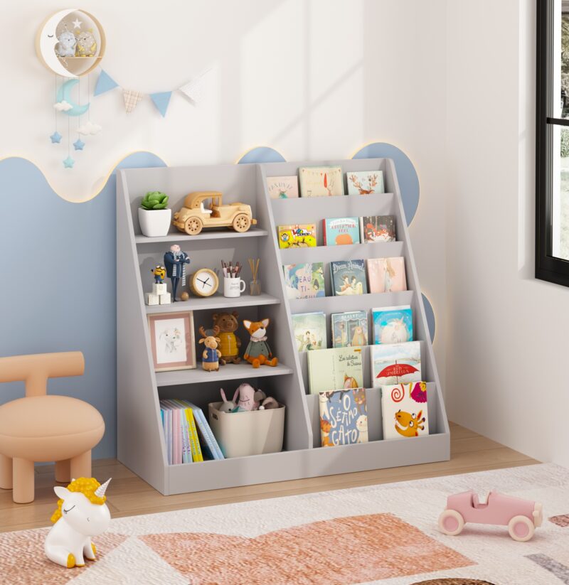 Kids Bookshelf And Toy Storage Organizer, Multifunctional 4 Tier Wooden Kids Book Shelf With  Bookcase Display Stand In Kids Room Playroom Nursery For Kids, Children, Toddlers Gray