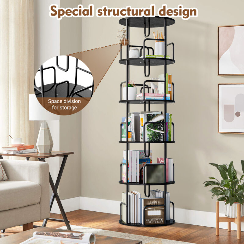 Rotating Bookshelf Tower 5 Tier  Spinning Bookcase  Revolving 360 Book Shelf Narrow Tall Bookcase  Vertical Turning Round Storage Bookshelf  Book Shelf Organizer For Bedroom  Living Room  Black