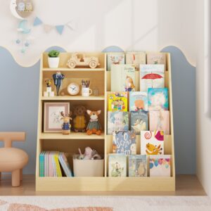 Kids Bookshelf And Toy Storage Organizer, Multifunctional 4 Tier Wooden Kids Book Shelf With  Bookcase Display Stand In Kids Room Playroom Nursery For Kids, Children, Toddlers Natural