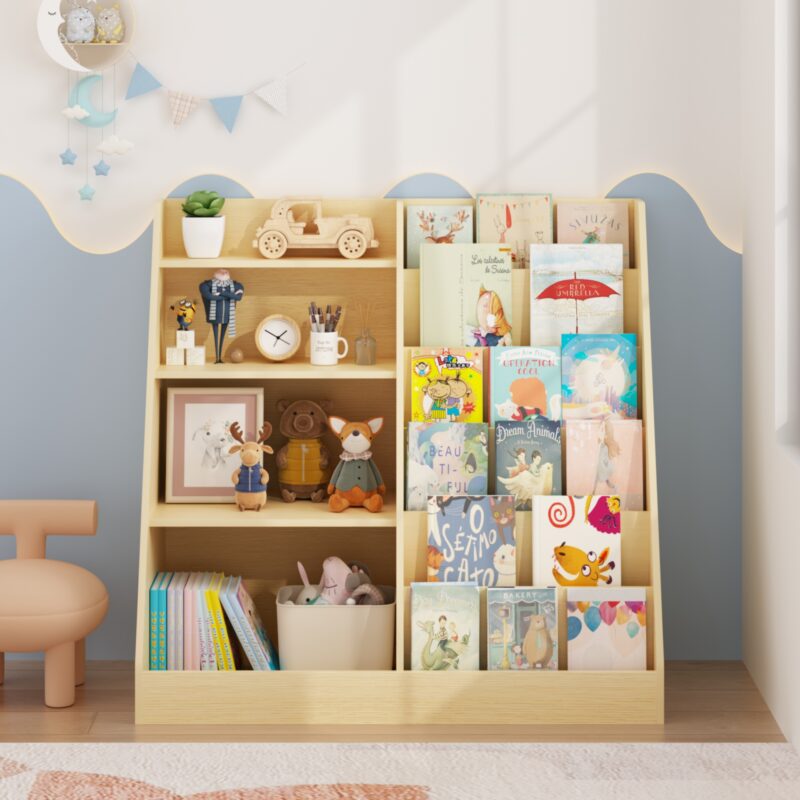Kids Bookshelf And Toy Storage Organizer, Multifunctional 4 Tier Wooden Kids Book Shelf With  Bookcase Display Stand In Kids Room Playroom Nursery For Kids, Children, Toddlers Natural