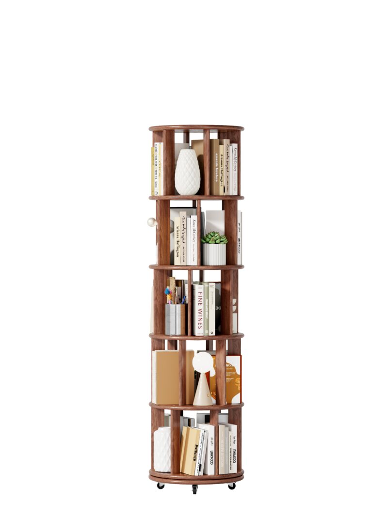f09a58d1-e5e2-4ff5-8837-19ff24b30cd1.jpg 1 0 0 Solid Wood Rotating Bookshelf On Wheels,5 Tier, Round Revolving Bookcase, 360 Spinning Book Shelf Tower For Kids, Narrow Rolling Bookshelves For Small Space, Corner, Bedroom, Office, Walnut