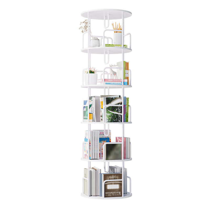 Rotating Bookshelf Tower 5 Tier Spinning Bookcase  Revolving 360 Book Shelf Narrow Tall Bookcase  Vertical Turning Round Storage Bookshelf  Book Shelf Organizer For Bedroom  Living Room  White